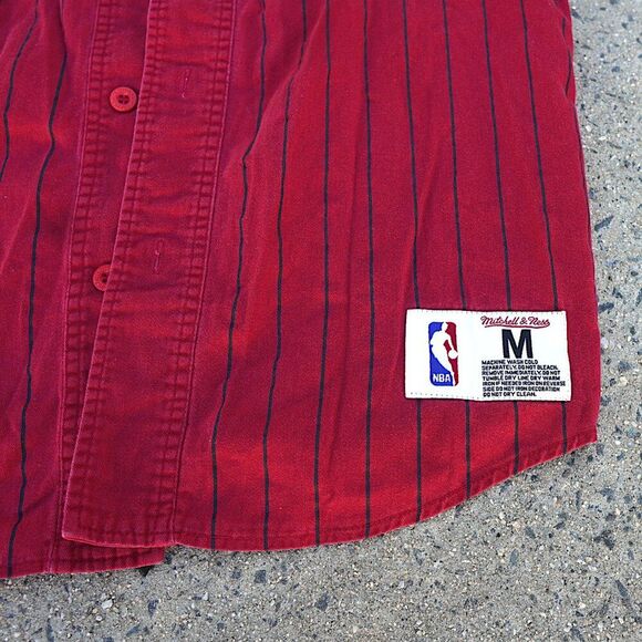 Mitchell & Ness Miami Heat Pinstripe Baseball Jersey Button-Up Shirt Red Medium - Picture 4 of 10